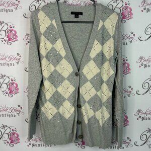 Banana Republic cardigan sparkly sequins embr Gray and Cream Argyle Cardigan